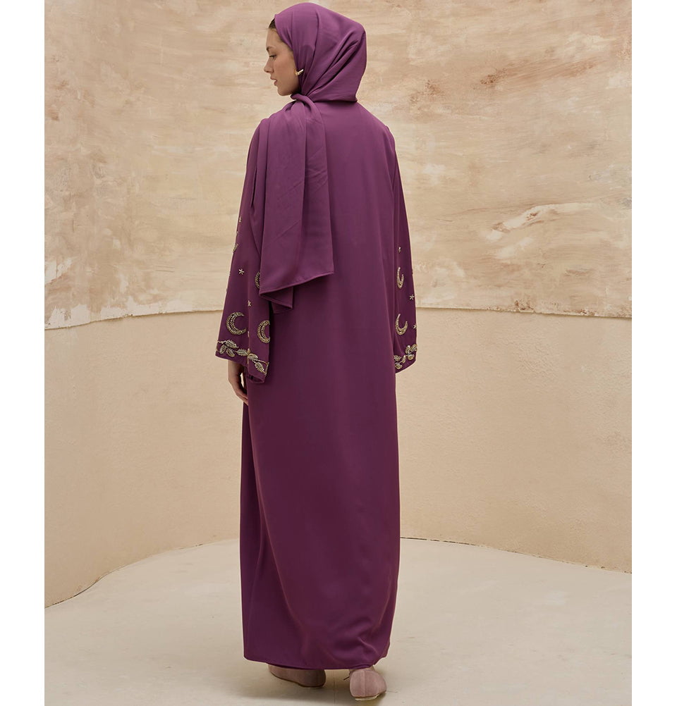 Women's Open Abaya 2 Piece Set Moon & Star 9791 Purple