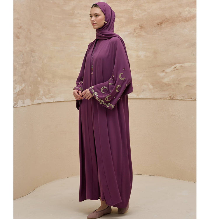Women's Open Abaya 2 Piece Set Moon & Star 9791 Purple