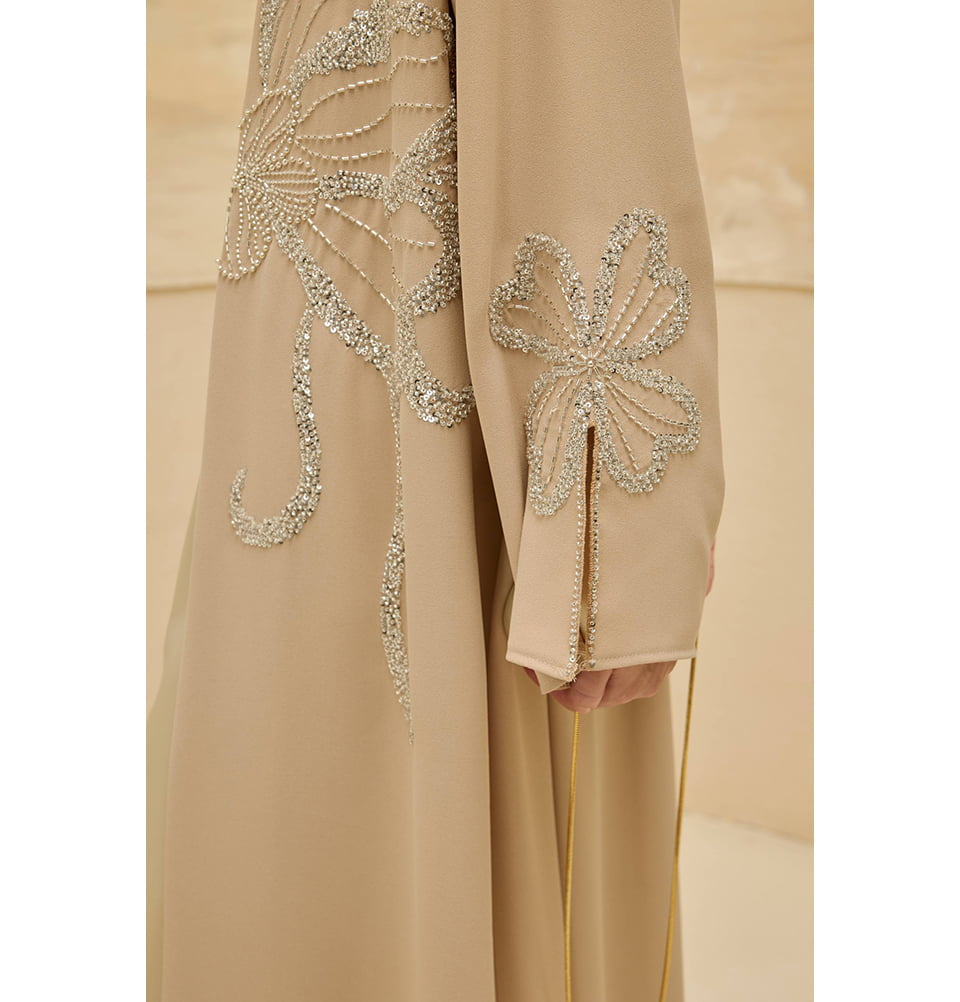 Women's Open Abaya Clover Beaded - 9792 Beige