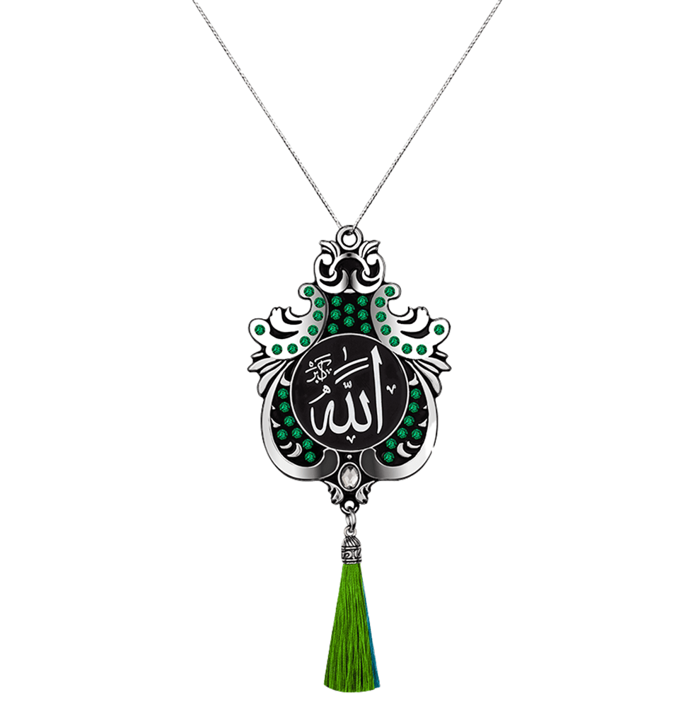 Modefa Accessories Silver with Green Stones Double-Sided Large Lale Car Hanger Allah Muhammad - Silver with Green Stones