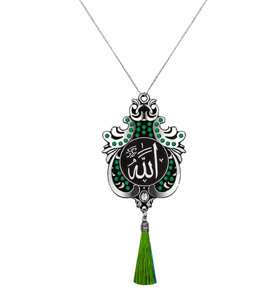 Modefa Accessories Silver with Green Stones Double-Sided Large Lale Car Hanger Allah Muhammad - Silver with Green Stones