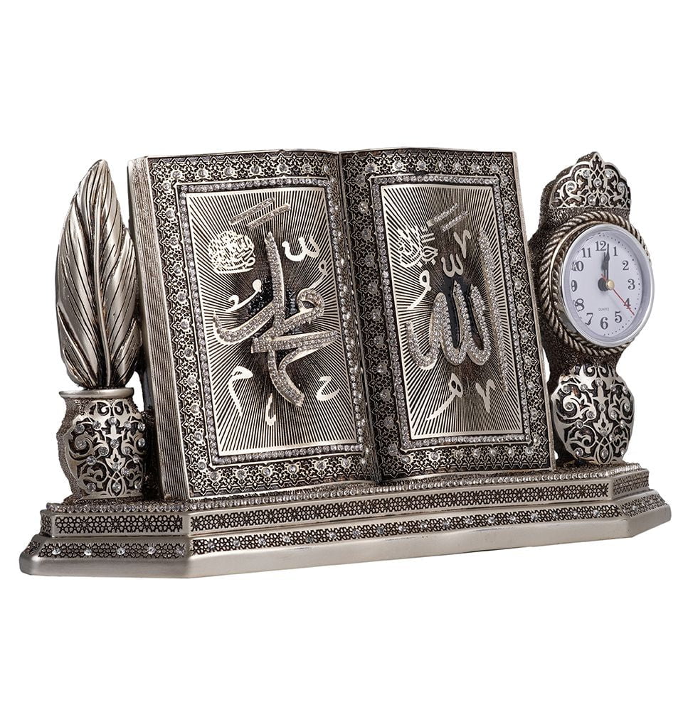 Modefa Allah Muhammad - Silver Islamic Table Decor Clock and Mushaf Allah Muhammad S6000 - Silver