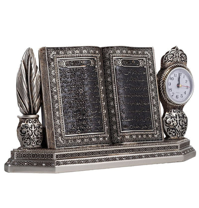 Modefa Ayatul Kursi - Silver Islamic Table Decor Clock and Mushaf Ayatul Kursi S6015 - Silver