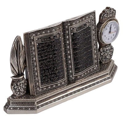 Modefa Ayatul Kursi - Silver Islamic Table Decor Clock and Mushaf Ayatul Kursi S6015 - Silver