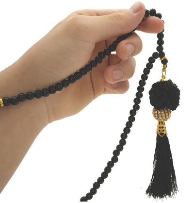 Modefa Beads Black Islamic Tesbih Acrylic Pearl 99 Count Prayer Beads with Rose & Rhinestone Bead - Black