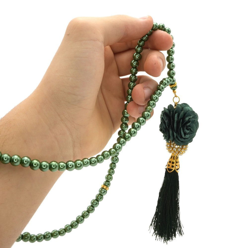 Modefa Beads Green Islamic Tesbih Acrylic Pearl 99 Count Prayer Beads with Rose & Rhinestone Bead - Green