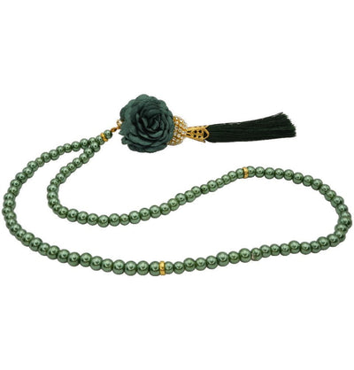 Modefa Beads Green Islamic Tesbih Acrylic Pearl 99 Count Prayer Beads with Rose & Rhinestone Bead - Green