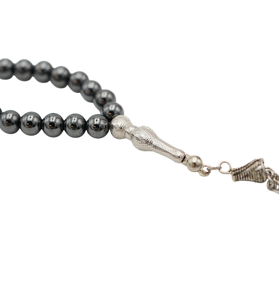 Islamic Tesbih Prayer Beads Round Hematite Stone 99 Count - Silver