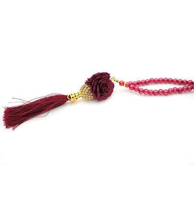 Modefa Beads Red Islamic Tesbih Acrylic Pearl 99 Count Prayer Beads with Rose & Rhinestone Bead - Red