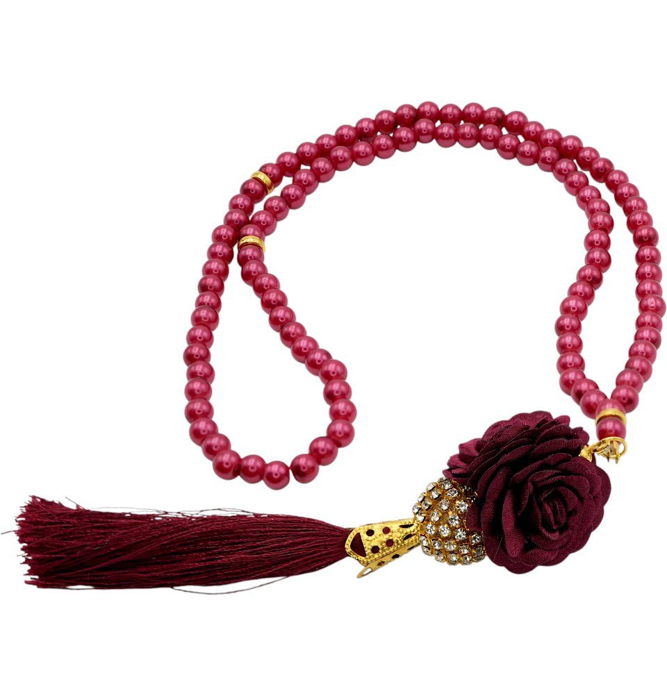 Modefa Beads Red Islamic Tesbih Acrylic Pearl 99 Count Prayer Beads with Rose & Rhinestone Bead - Red