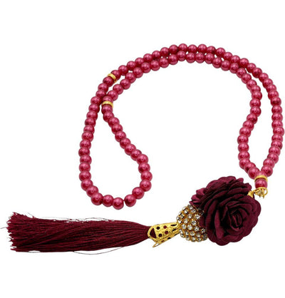 Modefa Beads Red Islamic Tesbih Acrylic Pearl 99 Count Prayer Beads with Rose & Rhinestone Bead - Red