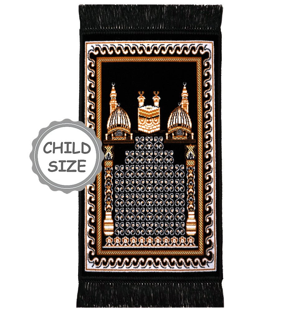 Modefa Black Child Velvet Islamic Prayer Rug - Kaba & Mosque Black