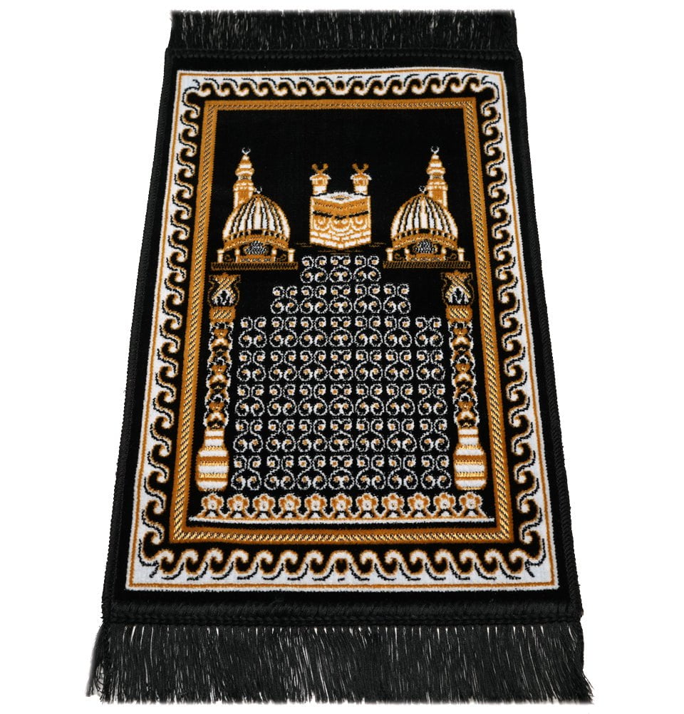 Modefa Black Child Velvet Islamic Prayer Rug - Kaba & Mosque Black