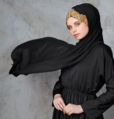 Modefa Black & Gold Melika Chiffon Shawl Instant Hijab with Sequined Bonnet - Black & Gold