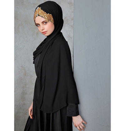 Modefa Black & Gold Melika Chiffon Shawl Instant Hijab with Sequined Bonnet - Black & Gold