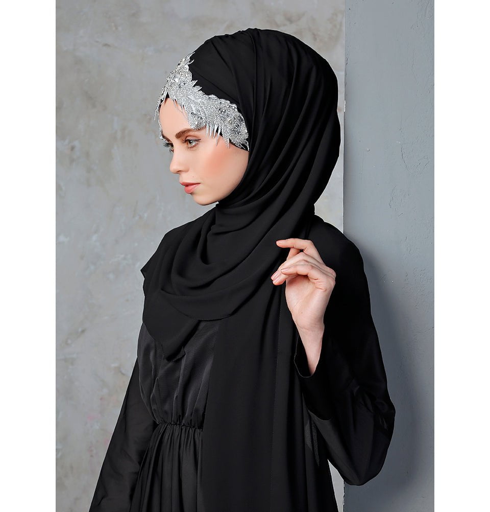 Modefa Black & Silver Melika Chiffon Shawl Instant Hijab with Sequined Bonnet - Black & Silver