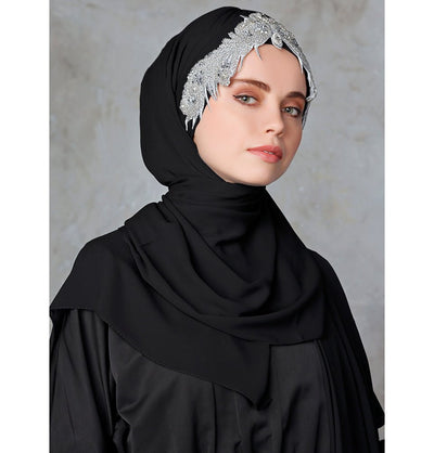 Modefa Black & Silver Melika Chiffon Shawl Instant Hijab with Sequined Bonnet - Black & Silver