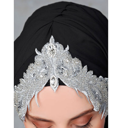 Modefa Black & Silver Melika Chiffon Shawl Instant Hijab with Sequined Bonnet - Black & Silver