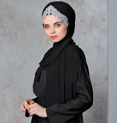 Modefa Black & Silver Melika Chiffon Shawl Instant Hijab with Sequined Bonnet - Black & Silver