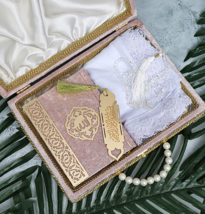 Modefa Book Dusty Pink Luxury Pearl Islamic Gift Set - Velvet Box with Quran, Hijab, Tesbih, & Bookmark Dusty Pink