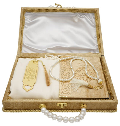 Modefa Book Gold Luxury Pearl Islamic Gift Set - Velvet Box with Quran, Hijab, Tesbih, & Bookmark - Gold