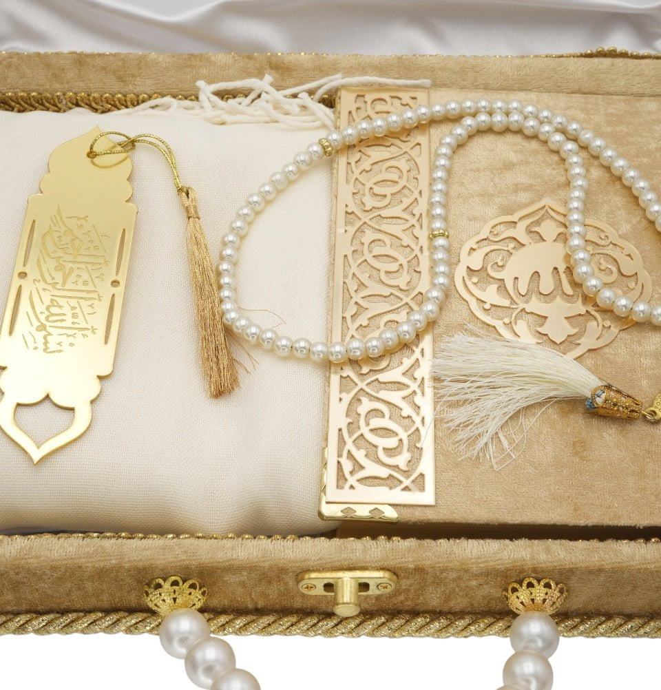 Modefa Book Gold Luxury Pearl Islamic Gift Set - Velvet Box with Quran, Hijab, Tesbih, & Bookmark - Gold