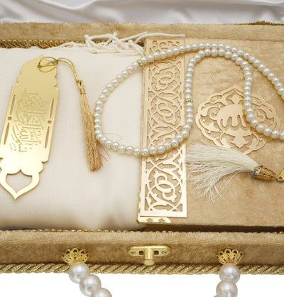 Modefa Book Gold Luxury Pearl Islamic Gift Set - Velvet Box with Quran, Hijab, Tesbih, & Bookmark - Gold