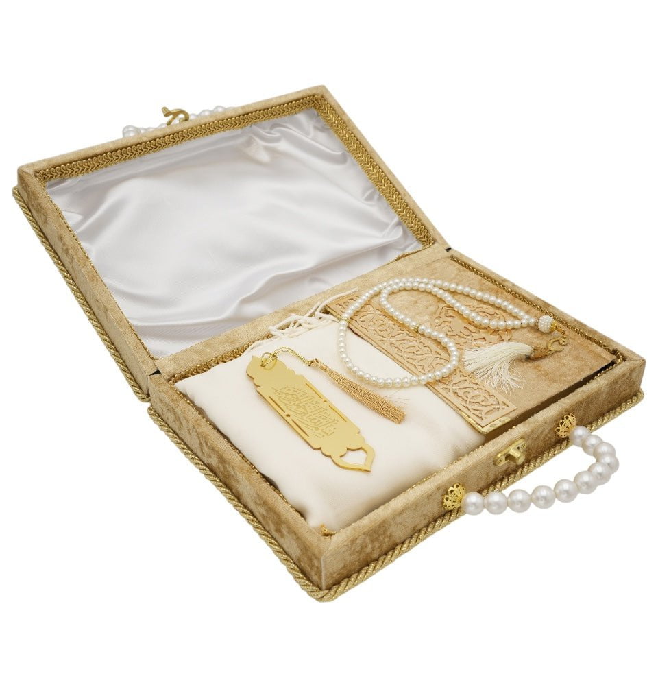 Modefa Book Gold Luxury Pearl Islamic Gift Set - Velvet Box with Quran, Hijab, Tesbih, & Bookmark - Gold