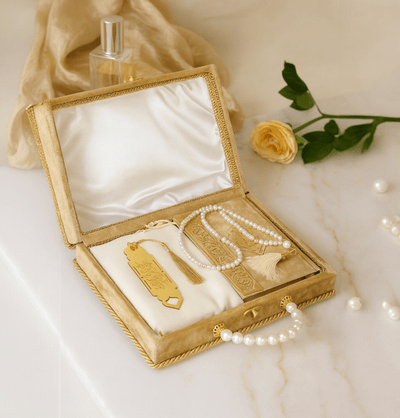 Modefa Book Gold Luxury Pearl Islamic Gift Set - Velvet Box with Quran, Hijab, Tesbih, & Bookmark - Gold