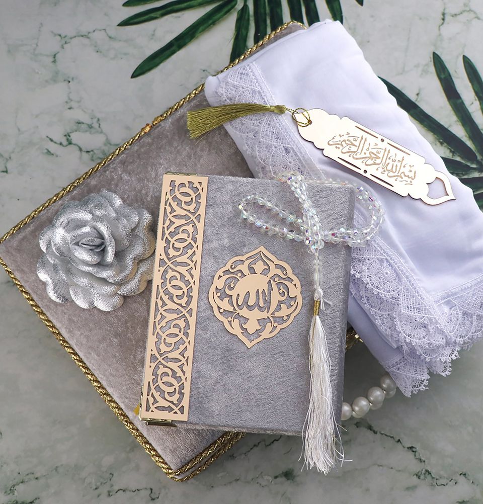 Modefa Book Grey Luxury Pearl Islamic Gift Set - Velvet Box with Quran, Hijab, Tesbih, & Bookmark Grey