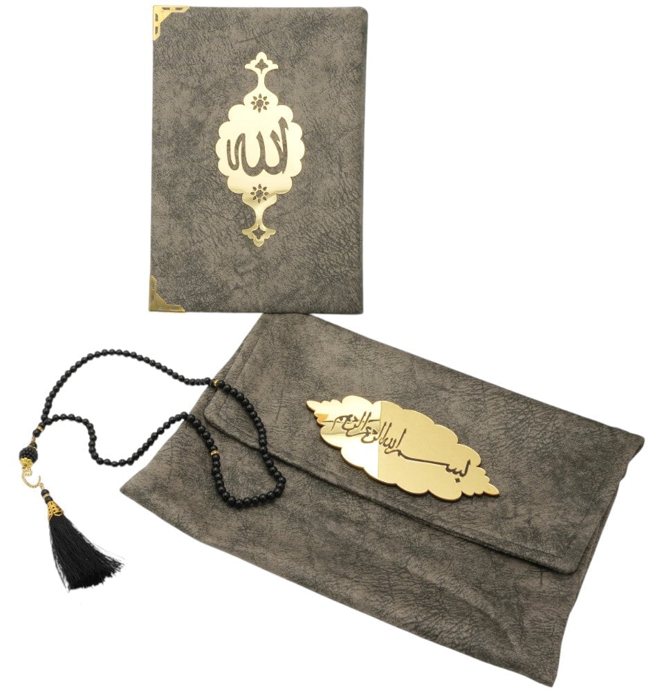 Modefa Book Holy Quran in Velvet Gift Bag with Prayer Beads - Grey