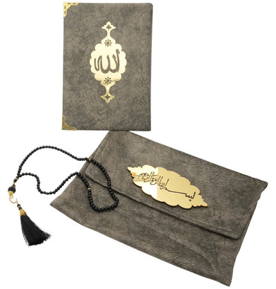 Modefa Book Holy Quran in Velvet Gift Bag with Prayer Beads - Grey