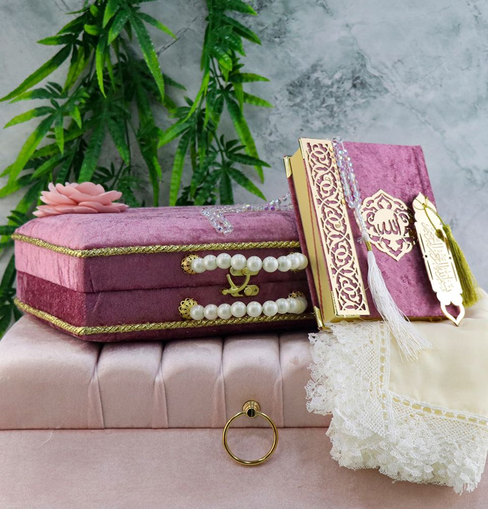 Modefa Book Light Raspberry Luxury Pearl Islamic Gift Set - Velvet Box with Quran, Hijab, Tesbih, & Bookmark - Light Raspberry