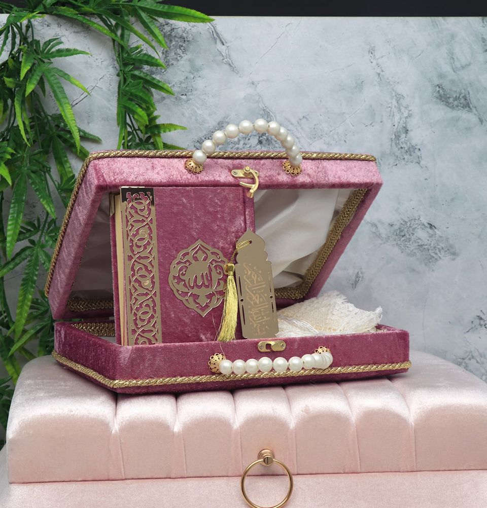 Modefa Book Light Raspberry Luxury Pearl Islamic Gift Set - Velvet Box with Quran, Hijab, Tesbih, & Bookmark - Light Raspberry