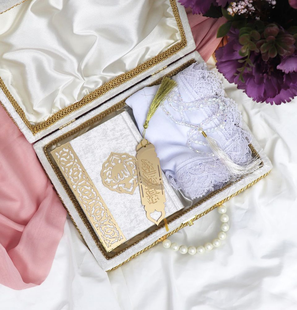 Modefa Book White Luxury Pearl Islamic Gift Set - Velvet Box with Quran, Hijab, Tesbih, & Bookmark White