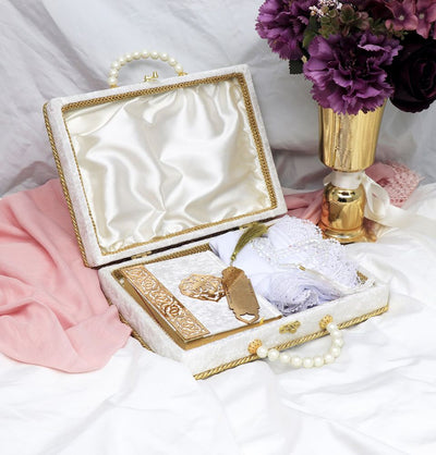 Modefa Book White Luxury Pearl Islamic Gift Set - Velvet Box with Quran, Hijab, Tesbih, & Bookmark White