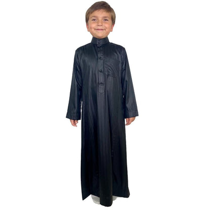 Modefa Boy's Full Length Long Sleeve Satin Islamic Thobe - Striped Black