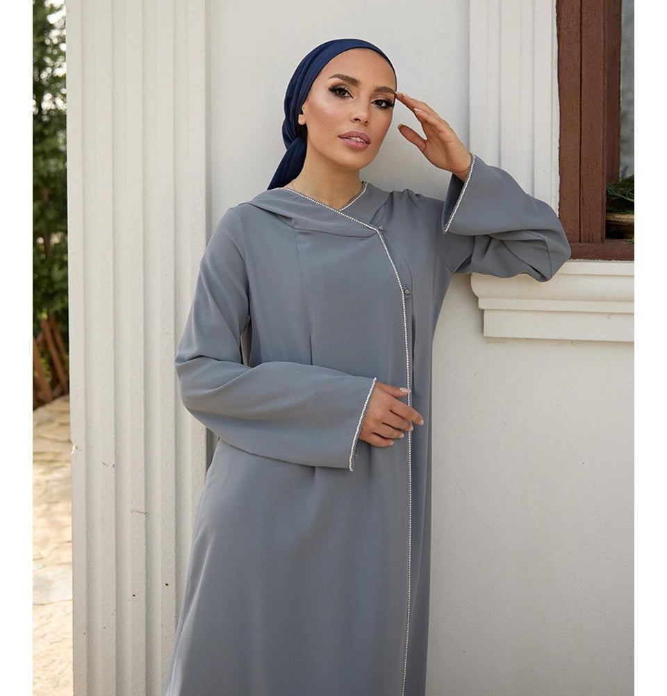 Modern Muslim Woman's Elegant Hooded Abaya with Rhinestones - 36004 Gr Modern Muslim Woman's Elegant Hooded Abaya with Rhinestones - 36004 Gr