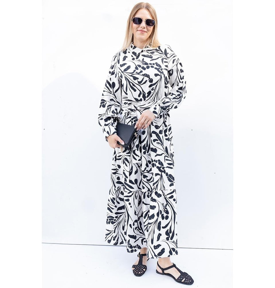 Modefa Dress Modern Muslim Women's Abstract Branch Maxi Dress - M60185 Stone with Black
