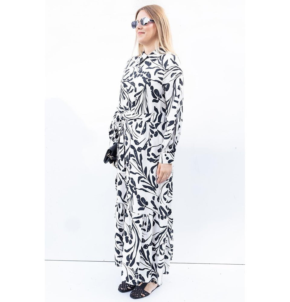 Modefa Dress Modern Muslim Women's Abstract Branch Maxi Dress - M60185 Stone with Black