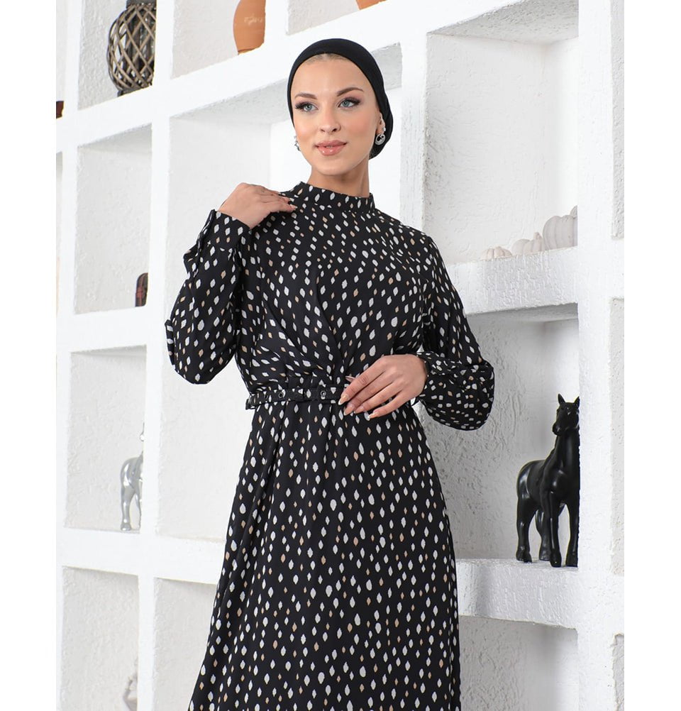 Modefa Dress Modern Muslim Women’s Abstract Dotted Dress - 70118 Creme & Beige