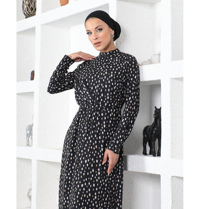 Modefa Dress Modern Muslim Women’s Abstract Dotted Dress - 70118 Creme & Beige