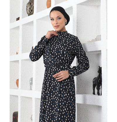 Modefa Dress Modern Muslim Women’s Abstract Dotted Dress - 70118 Creme & Blue