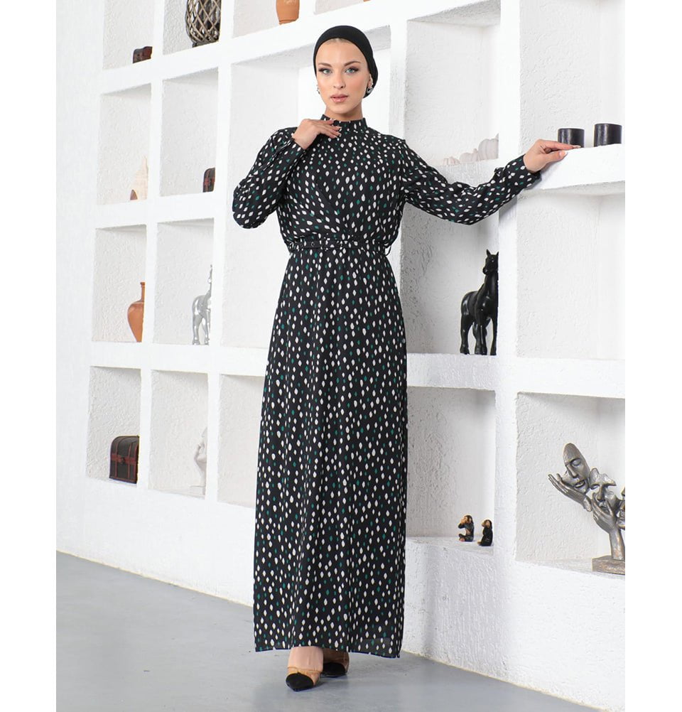 Modefa Dress Modern Muslim Women’s Abstract Dotted Dress - 70118 Creme & Green