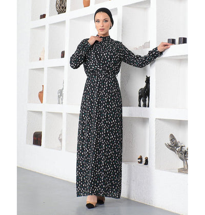 Modefa Dress Modern Muslim Women’s Abstract Dotted Dress - 70118 Creme & Green