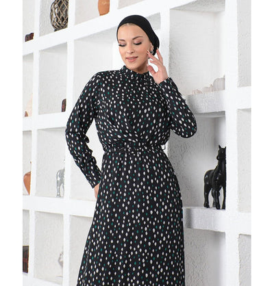 Modefa Dress Modern Muslim Women’s Abstract Dotted Dress - 70118 Creme & Green
