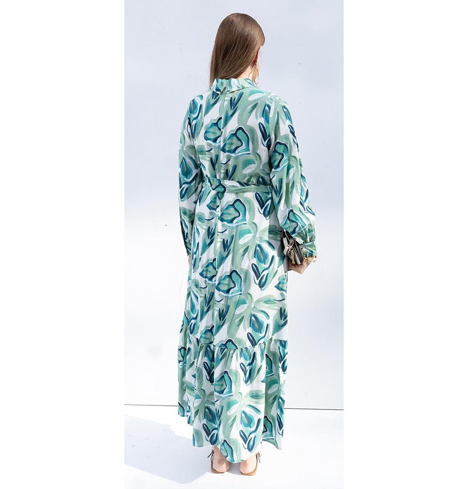 Modefa Dress Modern Muslim Women's Abstract Leaves Maxi Dress - M60185 Stone with Mint