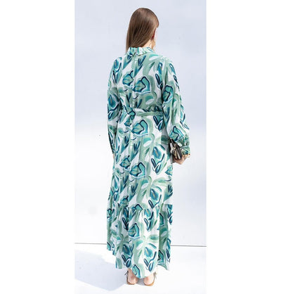 Modefa Dress Modern Muslim Women's Abstract Leaves Maxi Dress - M60185 Stone with Mint