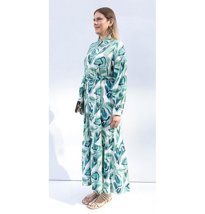 Modefa Dress Modern Muslim Women's Abstract Leaves Maxi Dress - M60185 Stone with Mint