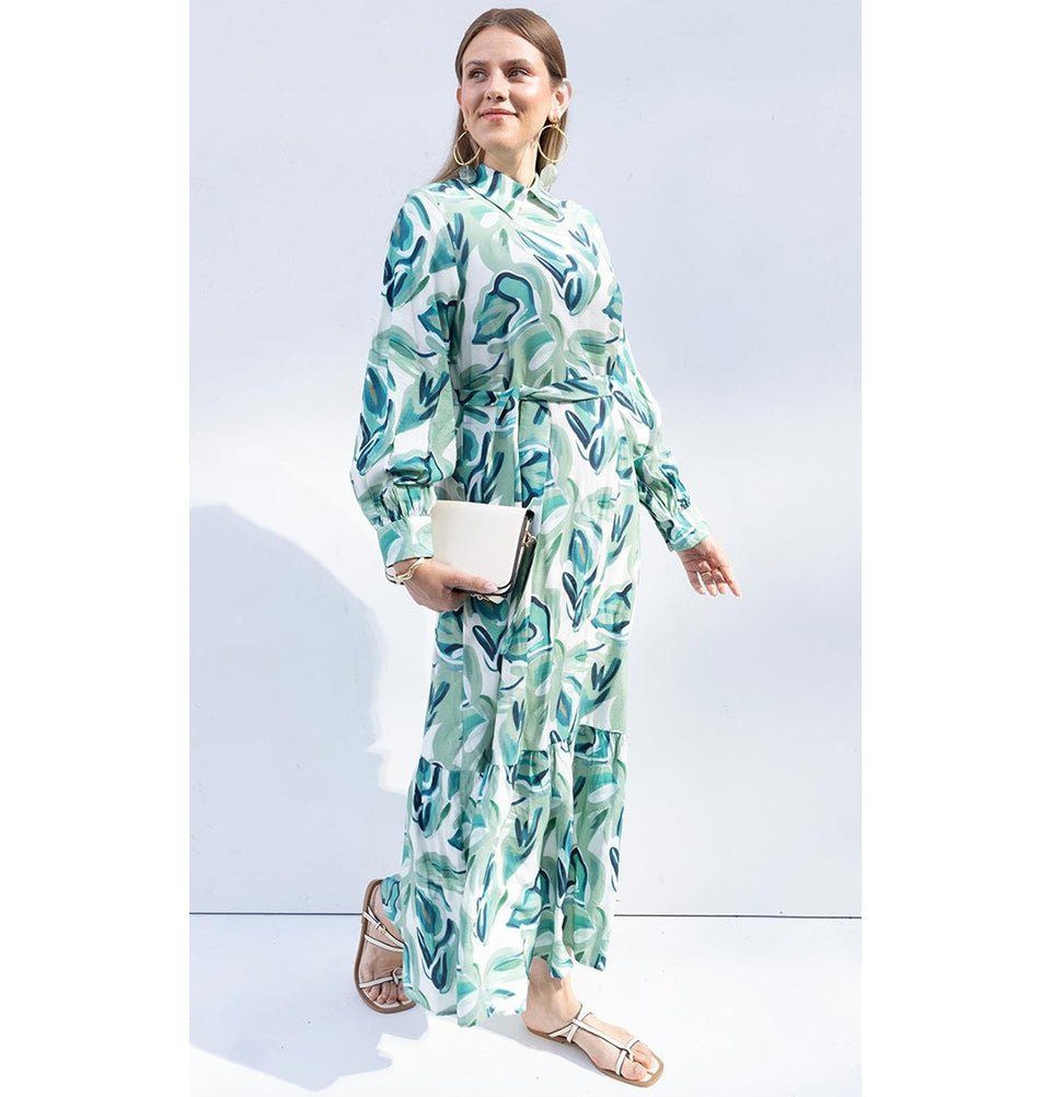 Modefa Dress Modern Muslim Women's Abstract Leaves Maxi Dress - M60185 Stone with Mint